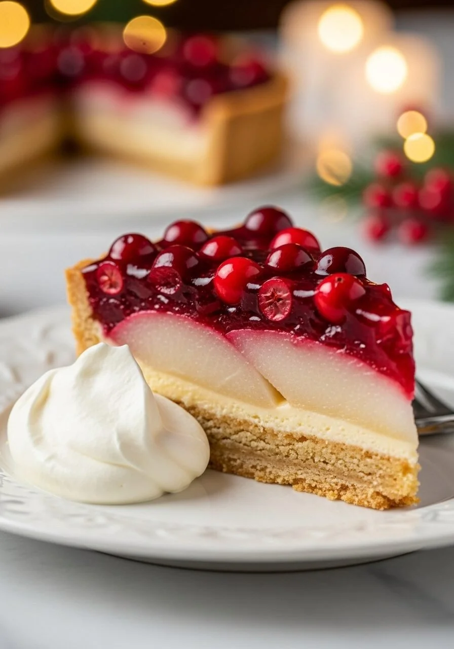 Cranberry Tart with Pears showcasing a delicious dessert with fresh cranberries and pears.