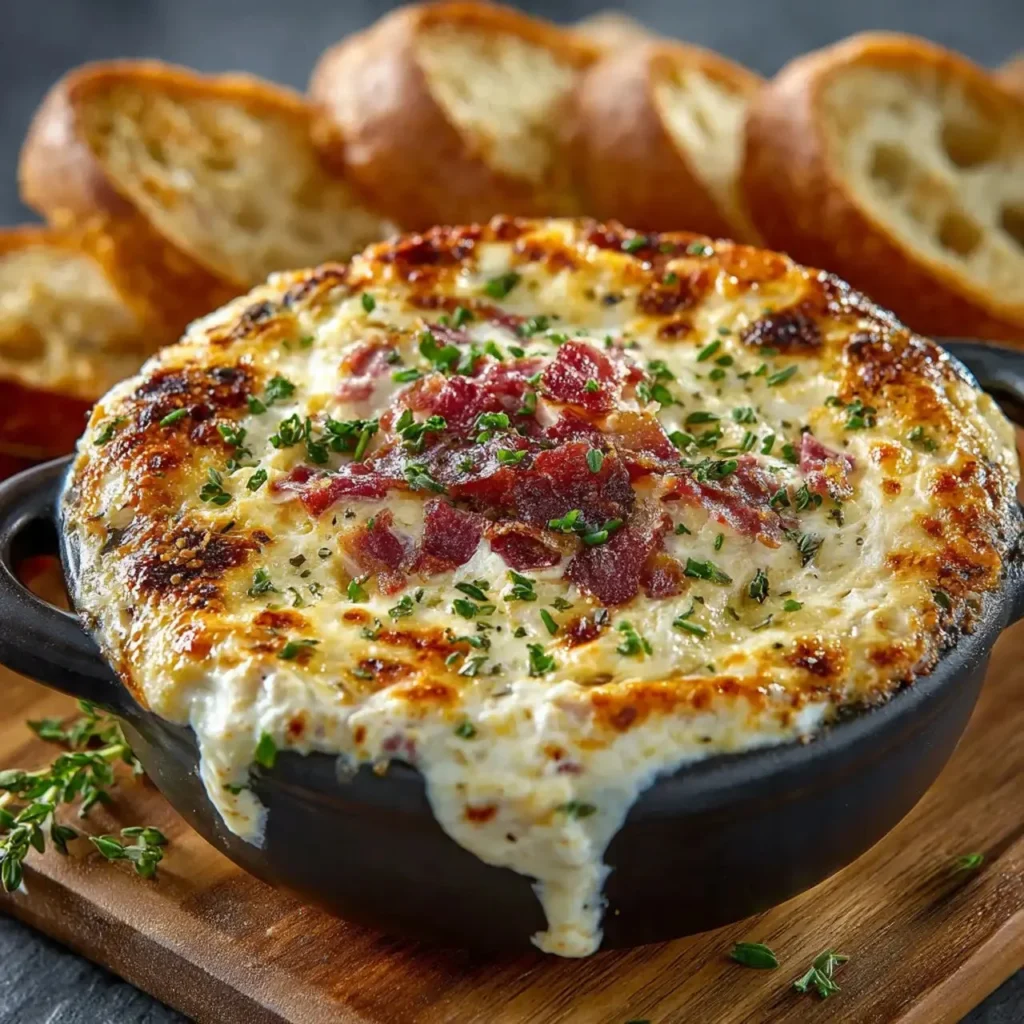Creamy baked Reuben dip served in a dish with crackers