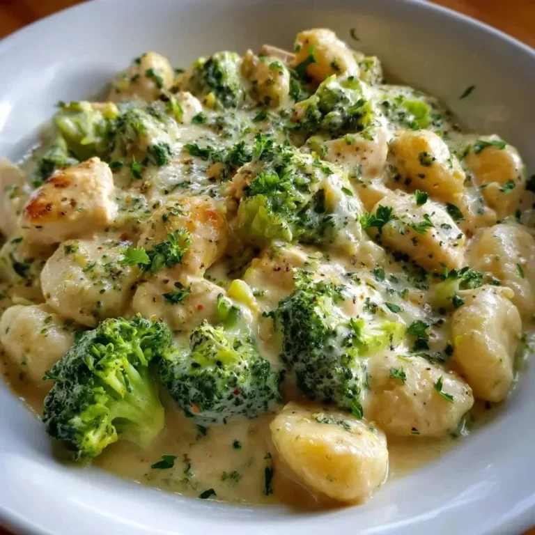 Creamy chicken and broccoli gnocchi dish served in a bowl
