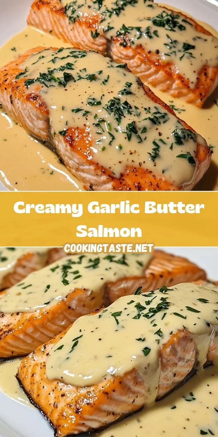 Delicious creamy garlic butter salmon served on a plate with herbs