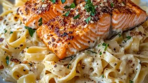 Creamy garlic butter salmon fettuccine garnished with parsley and lemon slices