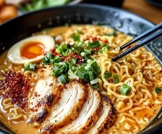 A bowl of creamy garlic chicken ramen topped with green onions and herbs.