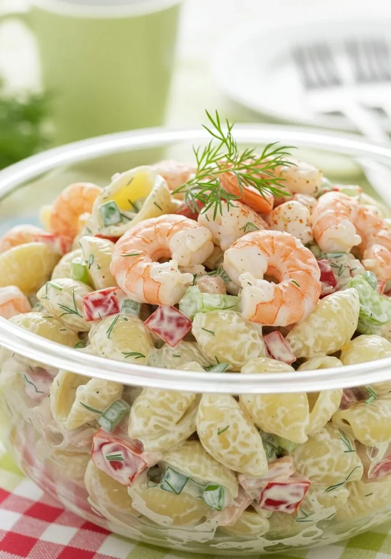 Creamy shrimp pasta salad with fresh ingredients in a bowl