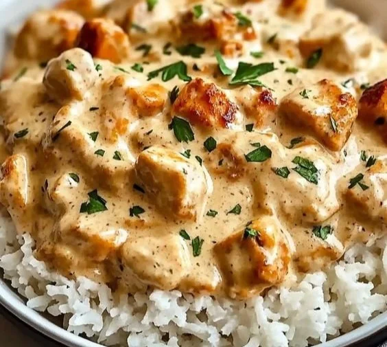 Creamy smothered chicken served with fluffy rice on a plate