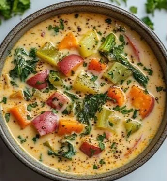 Bowl of creamy spring vegetable soup with fresh herbs and vibrant veggies.