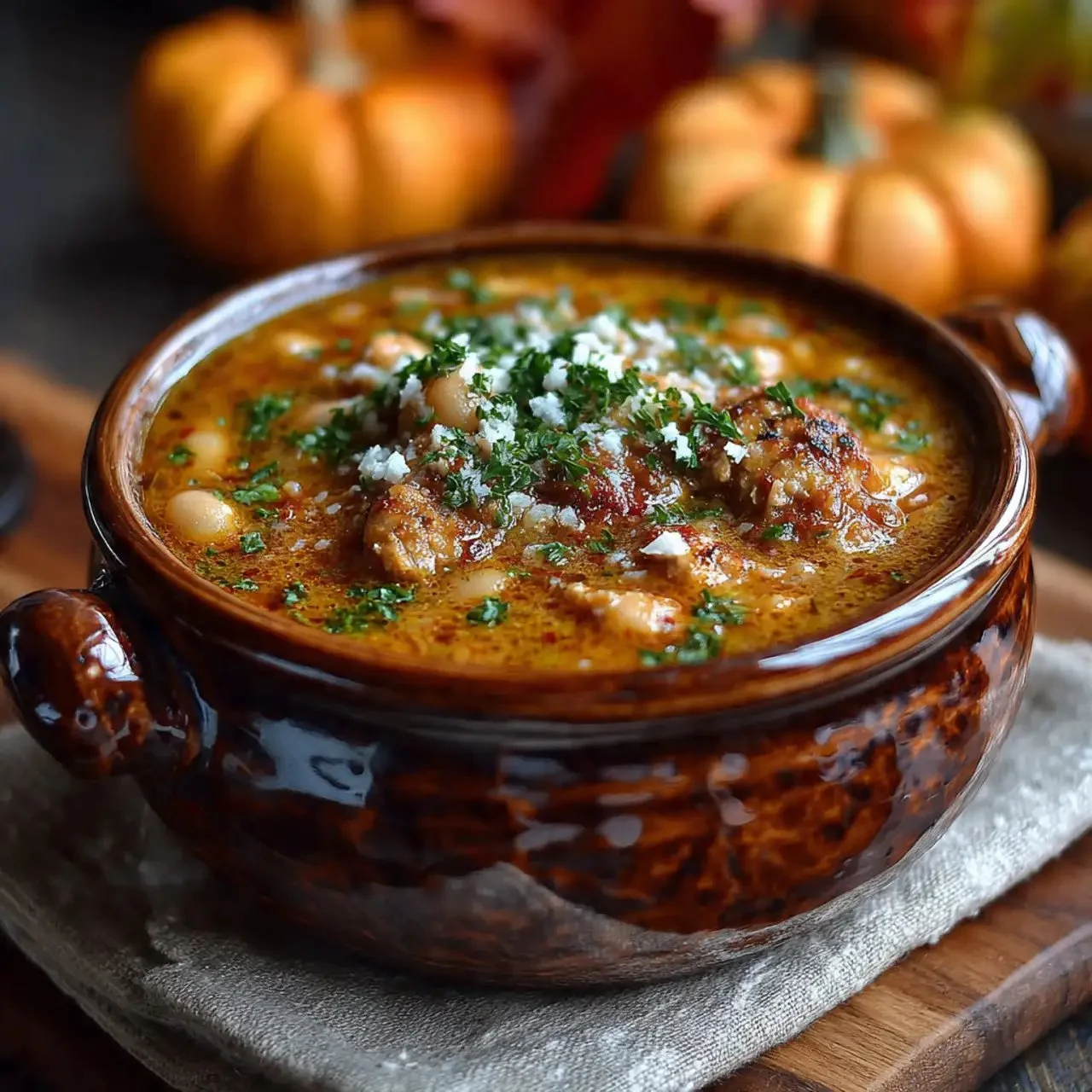 Creamy turkey-pumpkin chili with cannellini beans served in a bowl