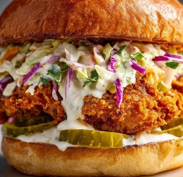 Crispy Buffalo Chicken Sandwich topped with Ranch Slaw on a rustic wooden board.
