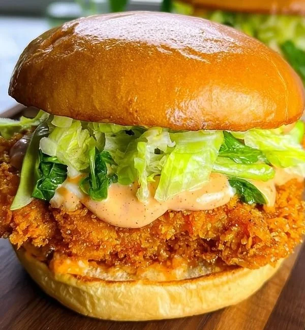 Crispy chicken burger with fresh toppings and golden-brown bun