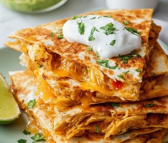 Delicious crispy chicken quesadillas with melted cheese and vegetables