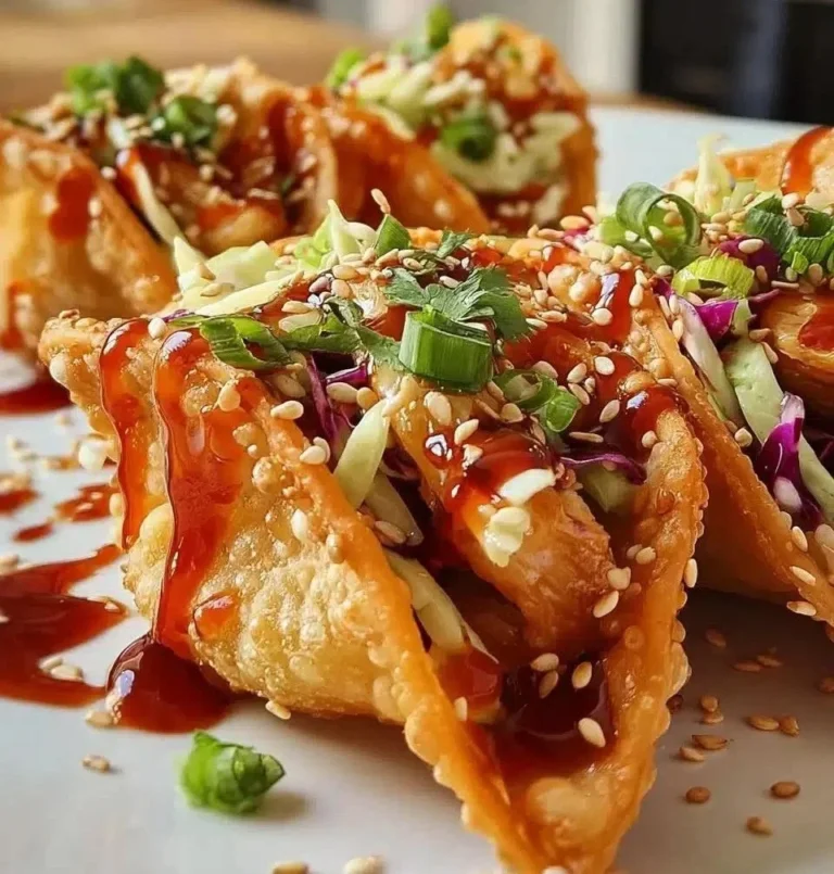 Plate of crispy chicken wonton tacos garnished with fresh herbs and sauce.