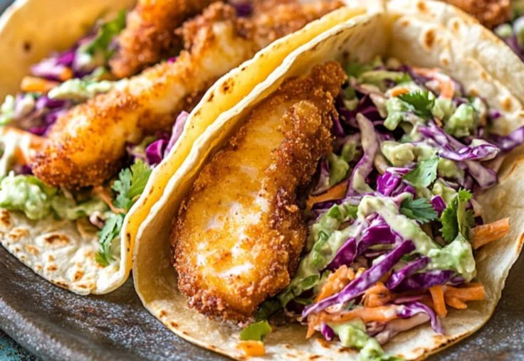 Crispy fish tacos with cilantro lime slaw served on a plate