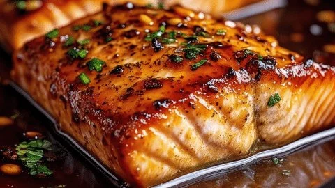Crispy honey garlic glazed salmon served on a plate with garnish