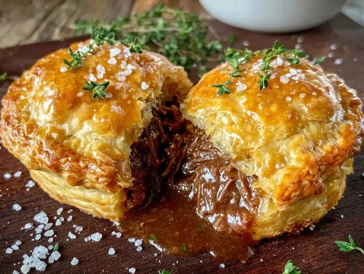 Crispy Irish beef and Guinness hand pies on a wooden table