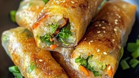 Crispy rice paper spring rolls filled with fresh vegetables and herbs