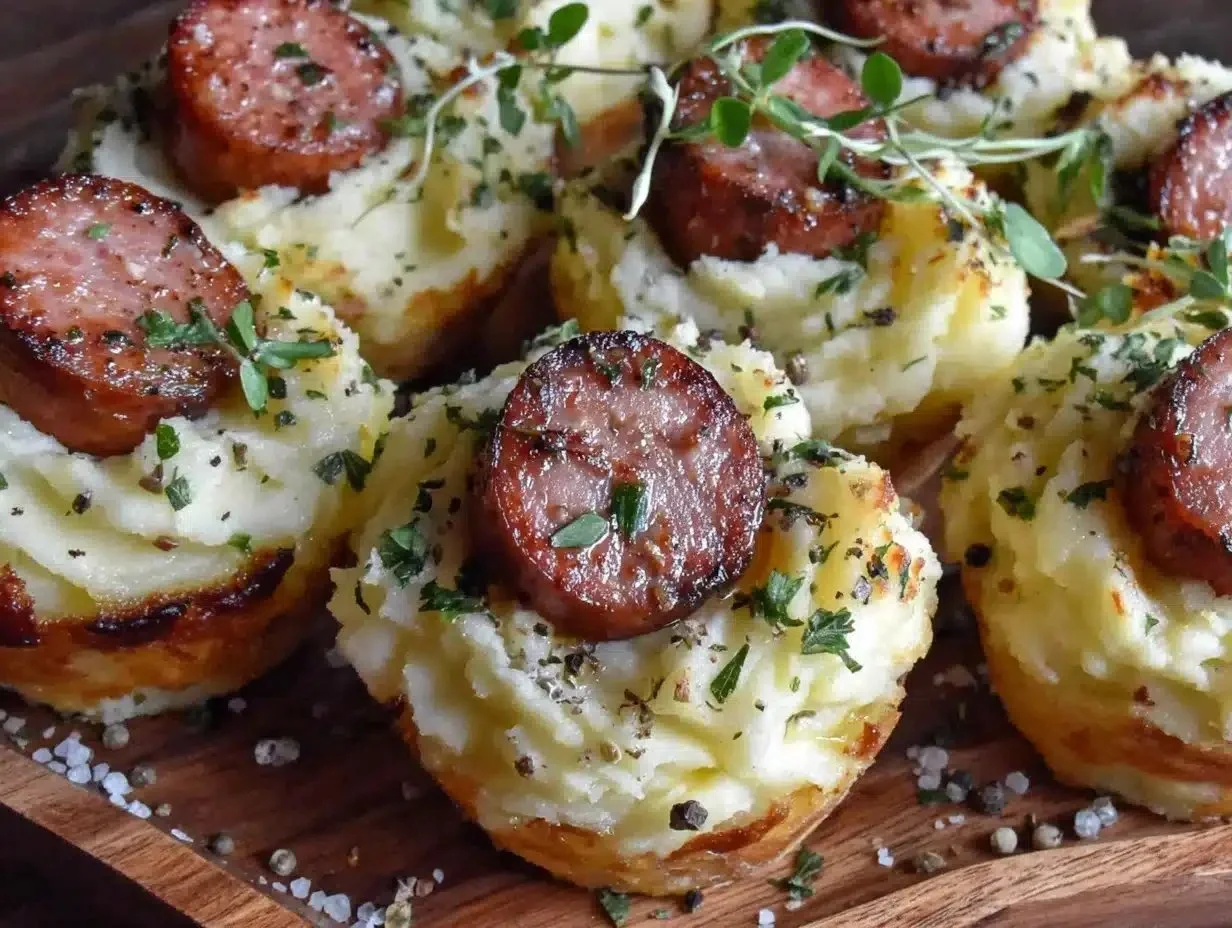 Crispy St. Patrick’s Irish sausage served in mashed potatoes cups