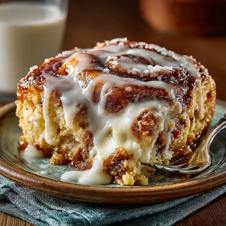 Crock Pot Cinnamon Roll Casserole baked and ready to serve