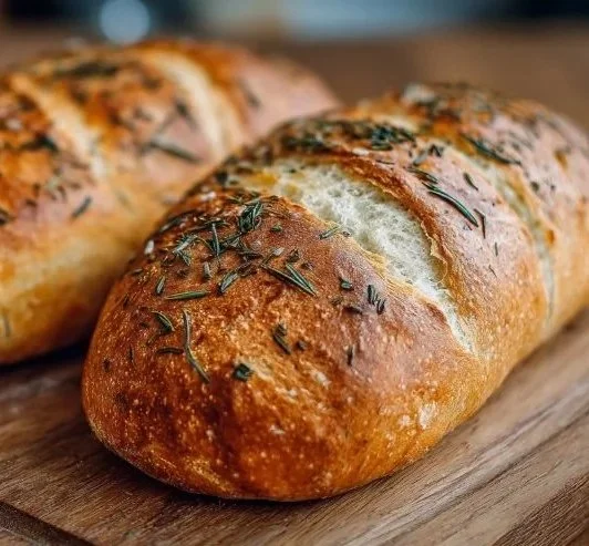 Freshly baked crusty Italian bread loaf on a wooden cutting board