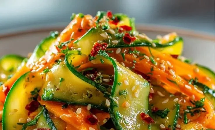 Fresh Cucumber Carrot Salad served in a bowl with dressing, garnished with herbs.