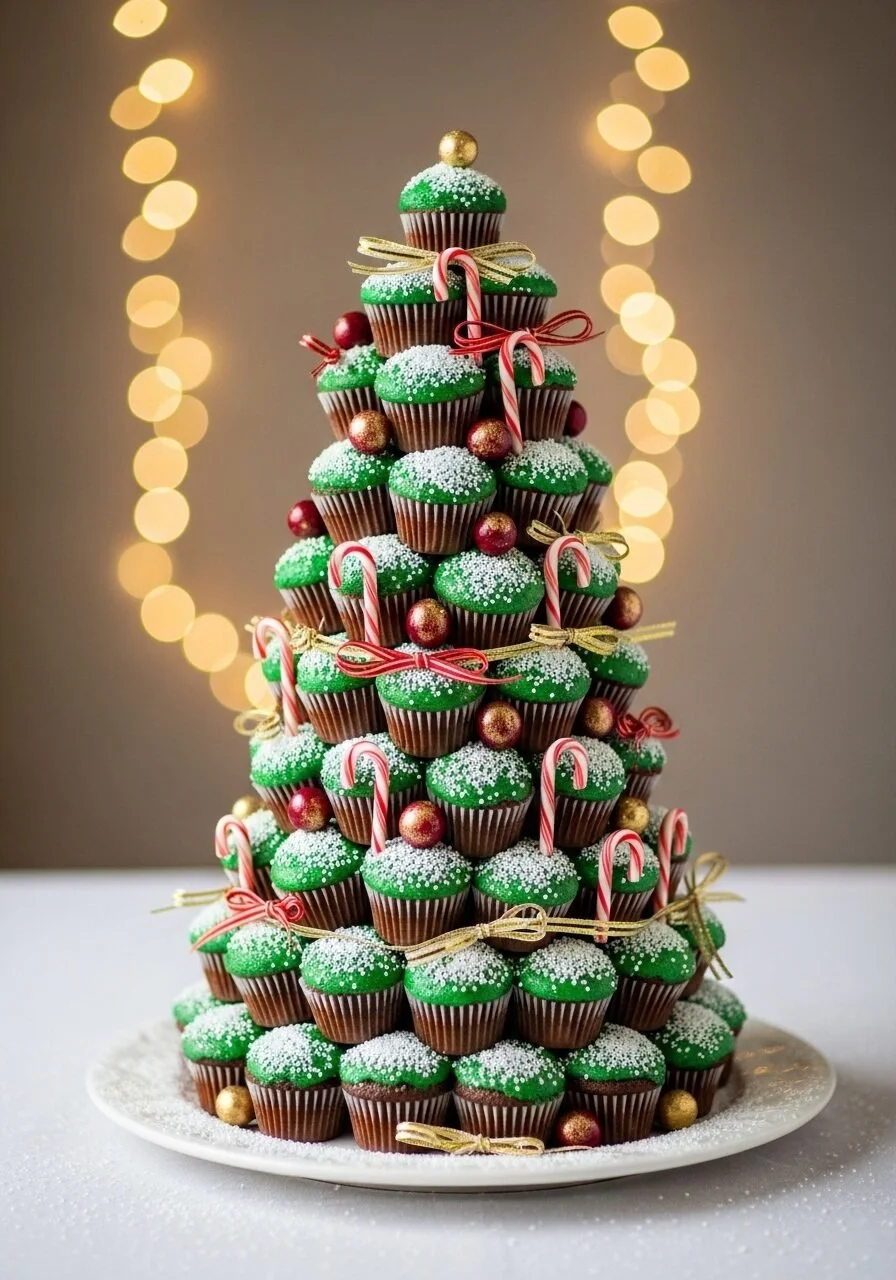 A creative cupcake Christmas tree decorated with colorful frosting and festive toppings.