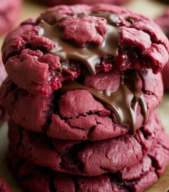Dark chocolate raspberry cookies on a plate, showcasing their rich colors and textures.