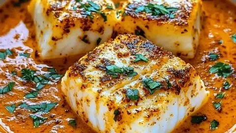 Plate of cod in roasted red pepper sauce garnished with herbs