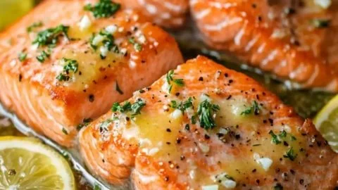 Pan seared salmon fillet served with garlic butter and herbs