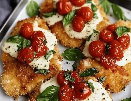 Parmesan-Basil Chicken Cutlets garnished and served on a plate