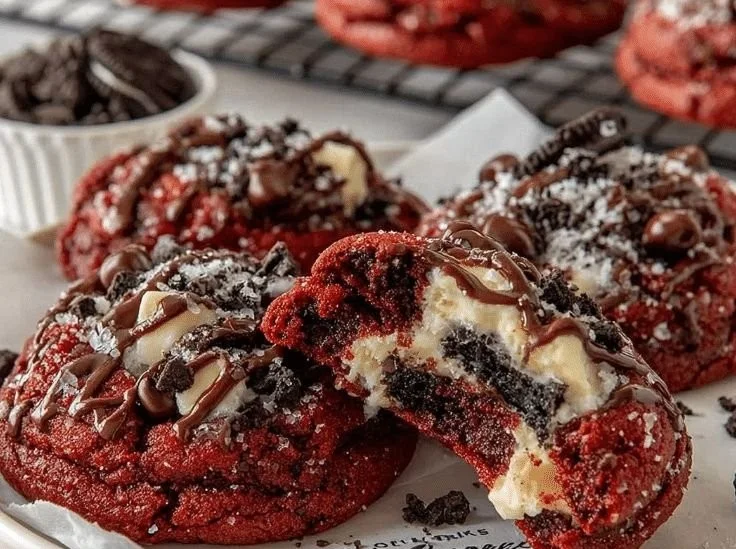 Delicious red velvet Oreo cookies on a rustic wooden table
