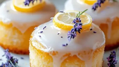 Mini lemon cakes with lavender glaze on a white plate