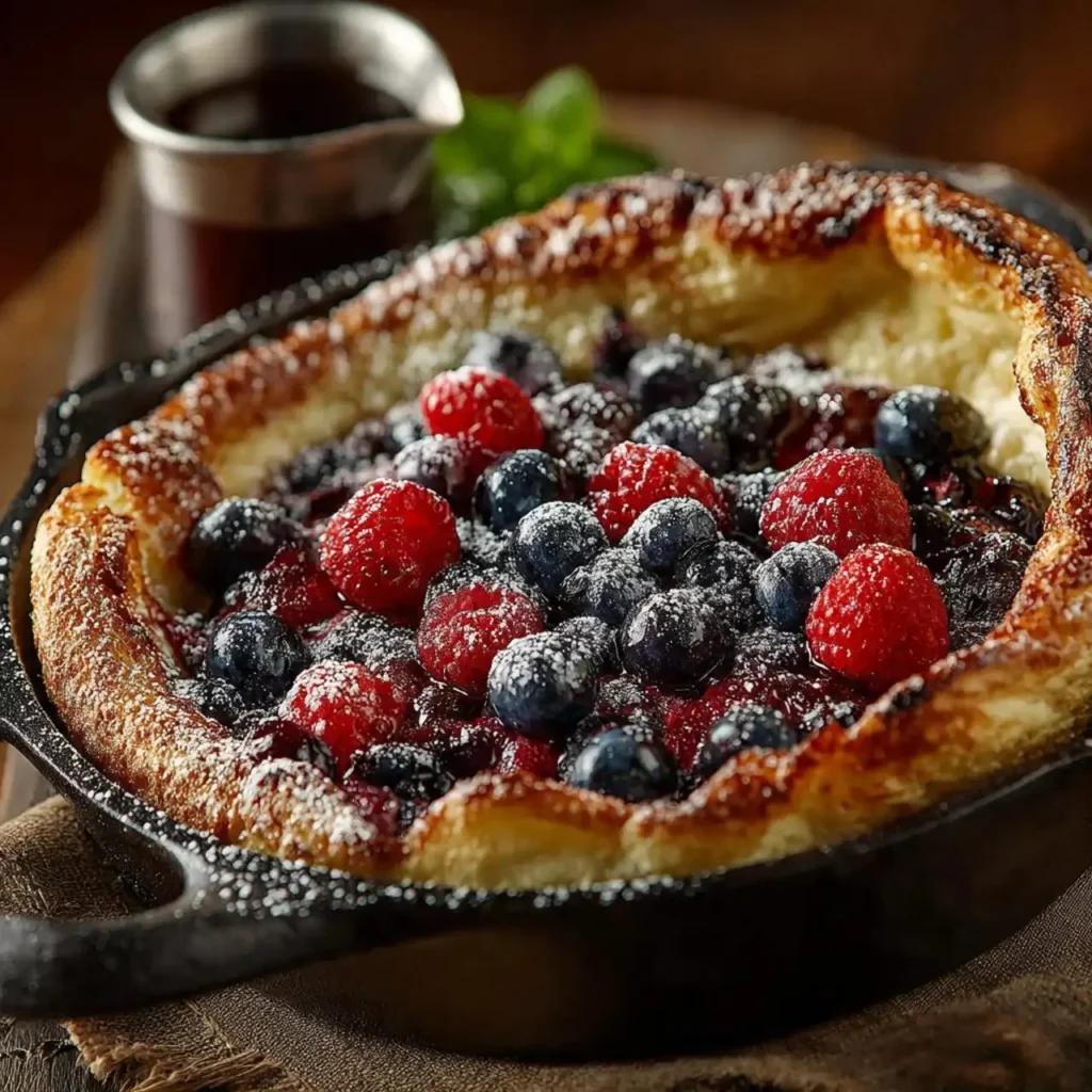 Fluffy Double Berry Puff Pancake topped with fresh berries