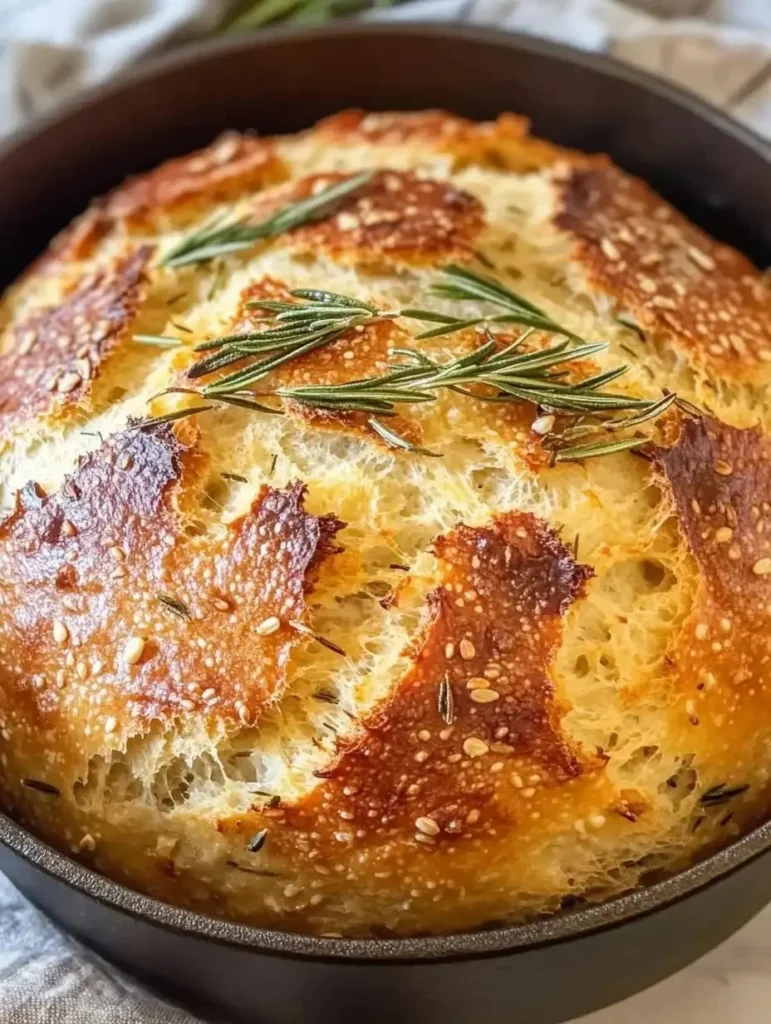 Homemade Dutch Oven Garlic Rosemary Bread fresh out of the oven