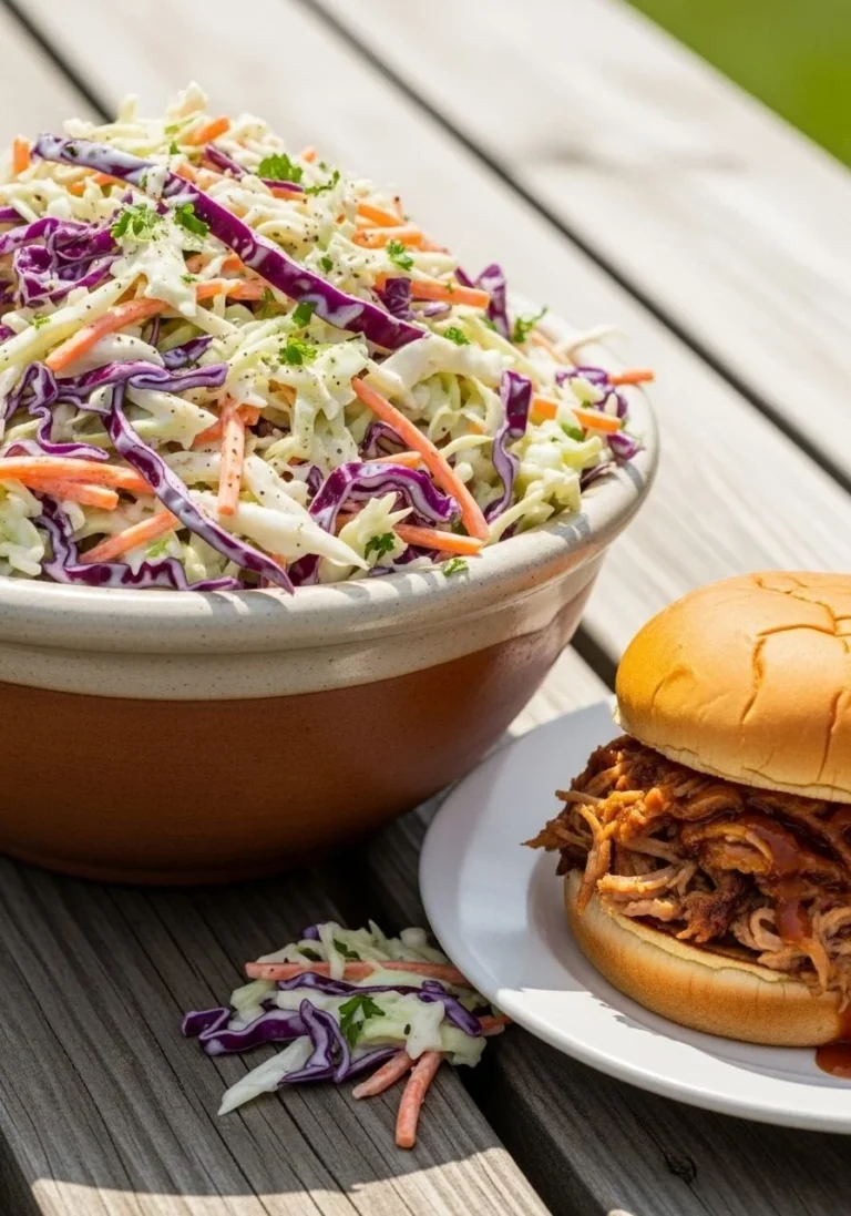 Bowl of easy creamy coleslaw with fresh vegetables and dressing