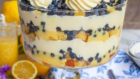 Delicious lemon blueberry trifle with fresh blueberries and creamy layers