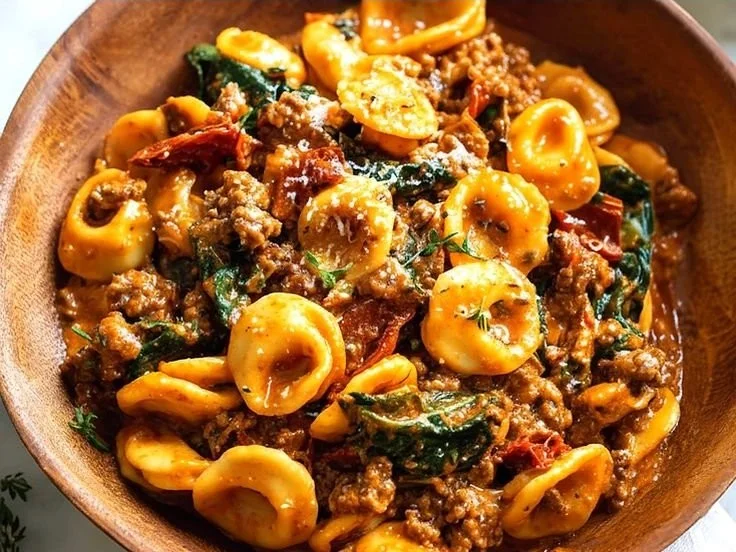 A delicious bowl of Easy Marry Me Ground Beef Pasta topped with herbs and cheese