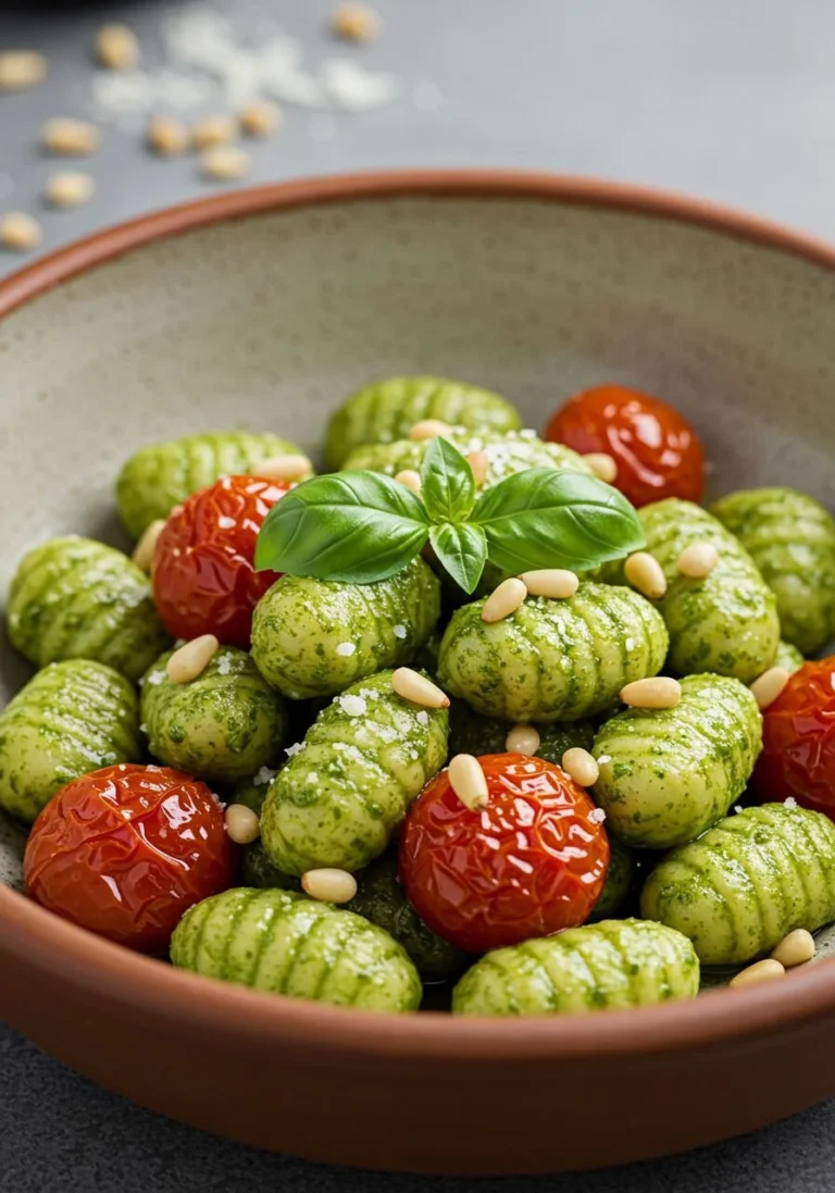Delicious bowl of easy pesto gnocchi topped with fresh basil.