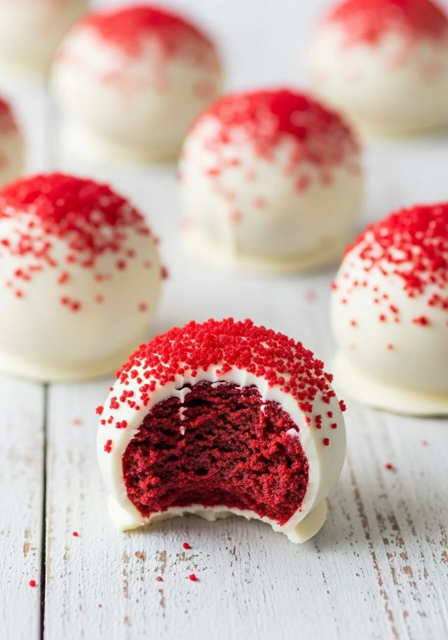 Easy red velvet cake truffles on a white plate decorated with sprinkles.