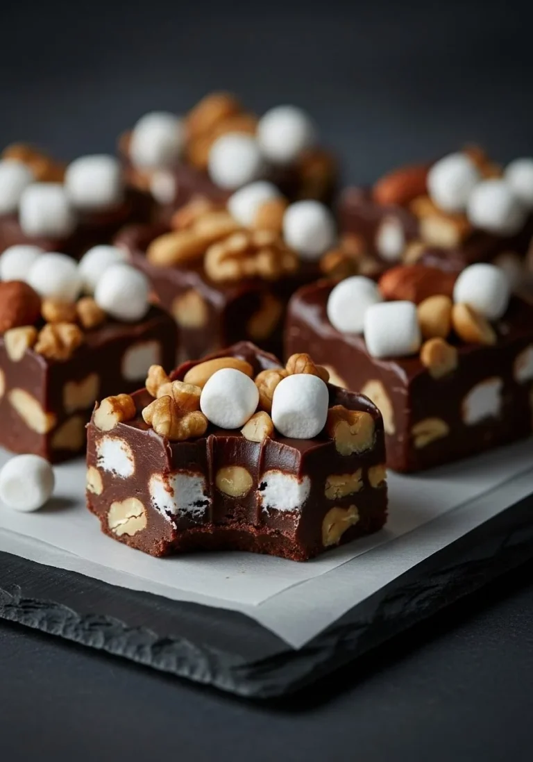 Delicious Easy Rocky Road Fudge with marshmallows and nuts