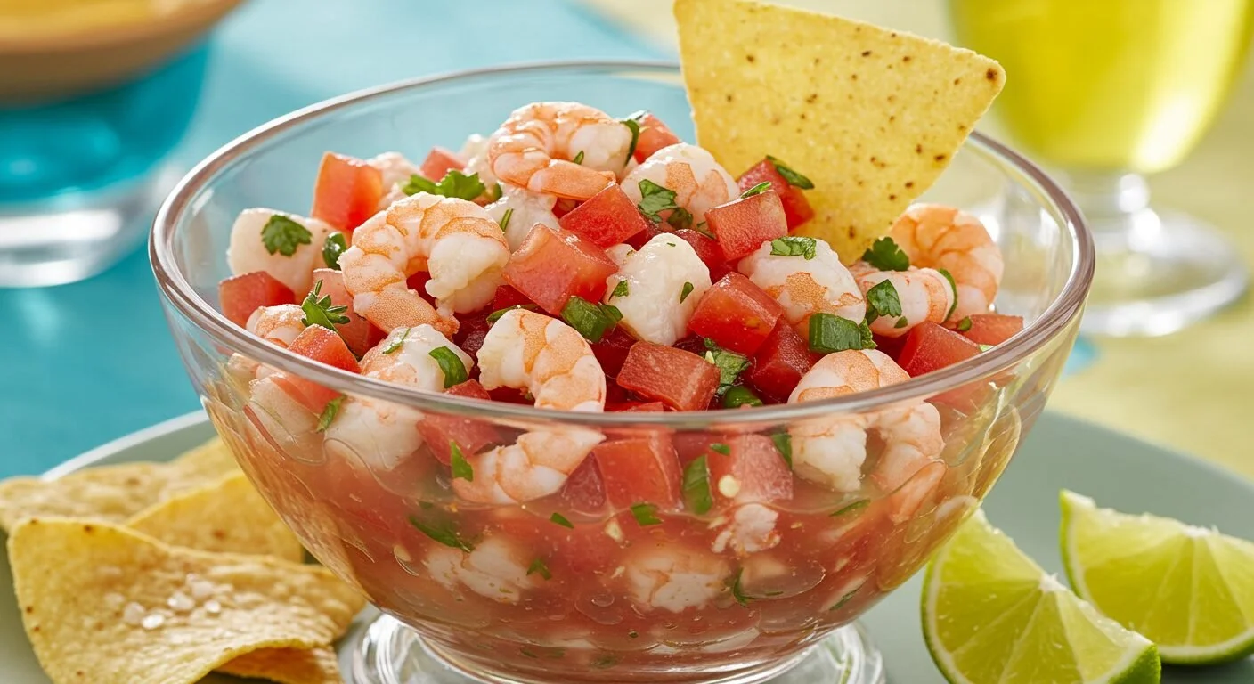 Plate of easy shrimp ceviche garnished with lime and cilantro