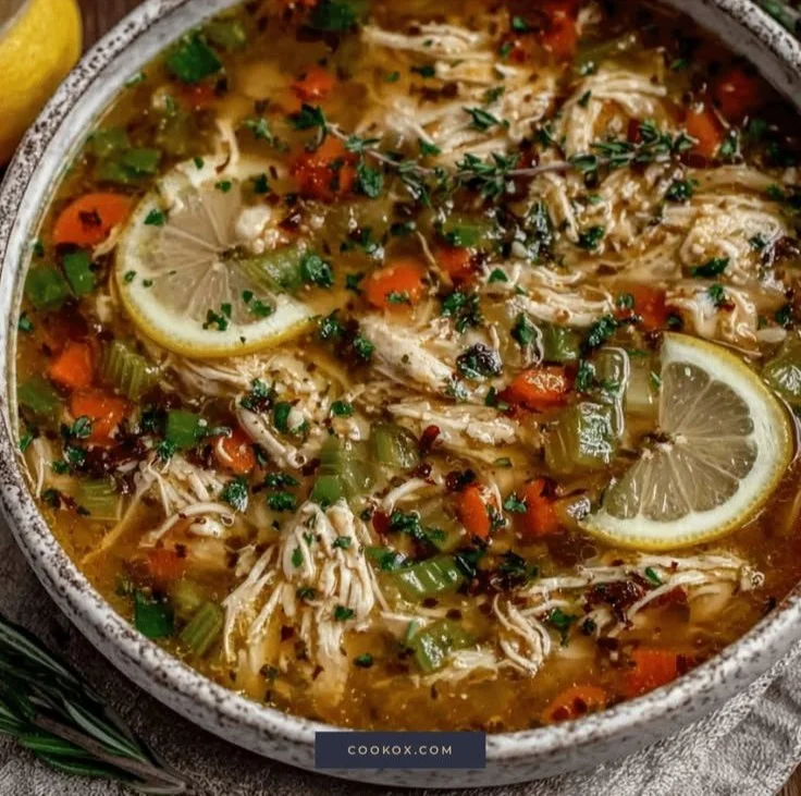 Bowl of flavorful Mediterranean Lemon Herb Chicken Soup garnished with fresh herbs.