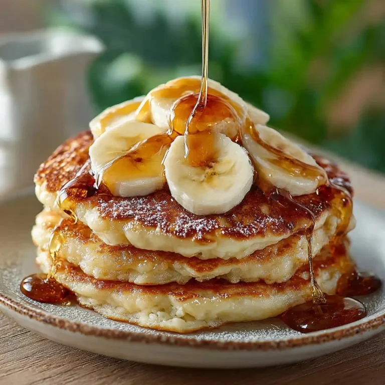 Stack of fluffy banana pancakes topped with sliced bananas and syrup