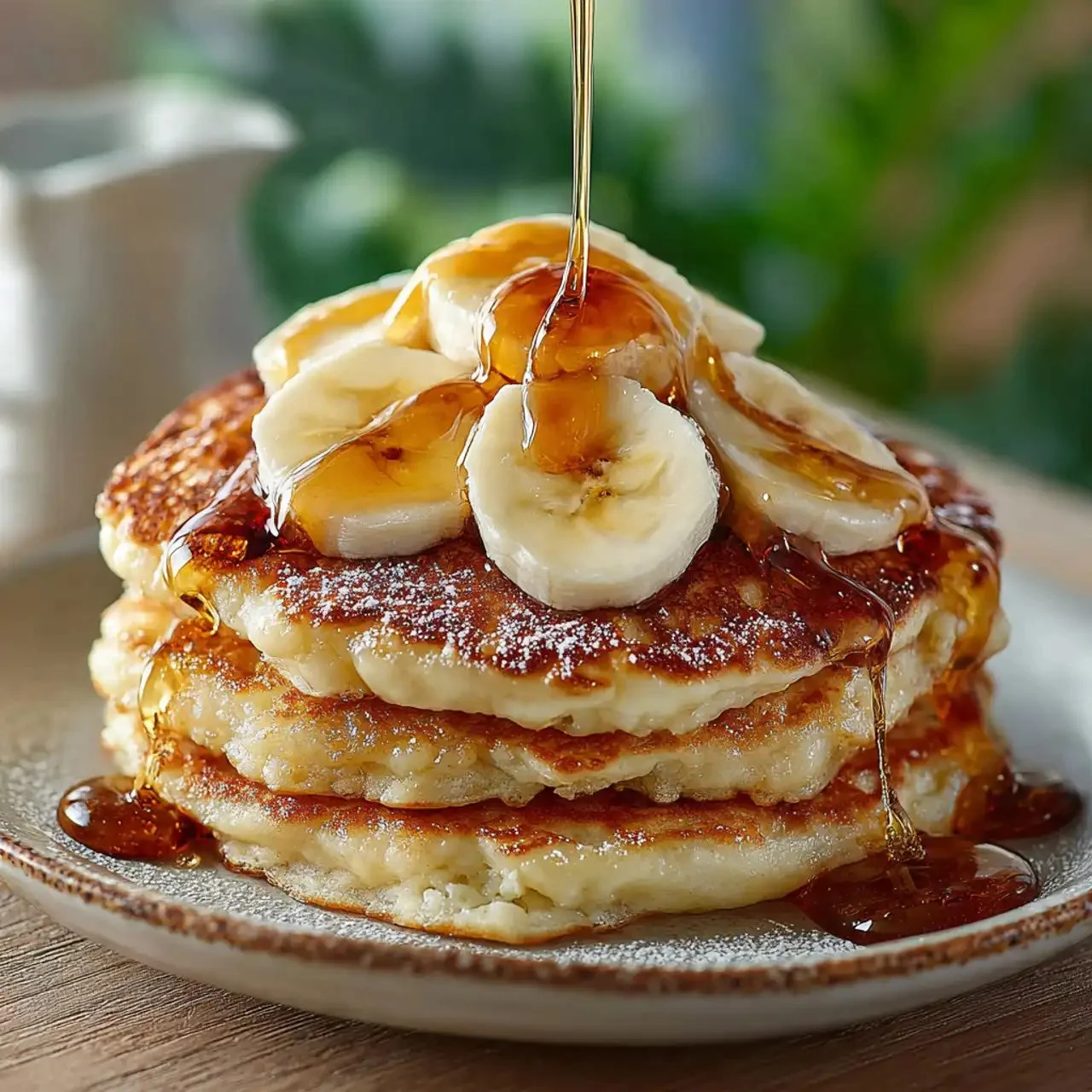 Stack of fluffy banana pancakes topped with sliced bananas and syrup