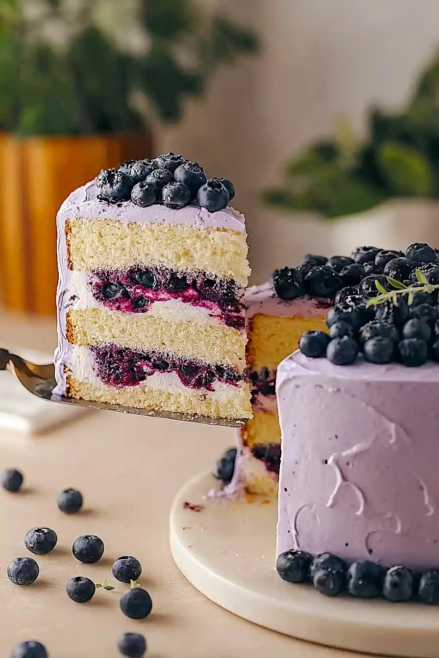 Fluffy blueberry chiffon cake topped with fresh blueberries and whipped cream