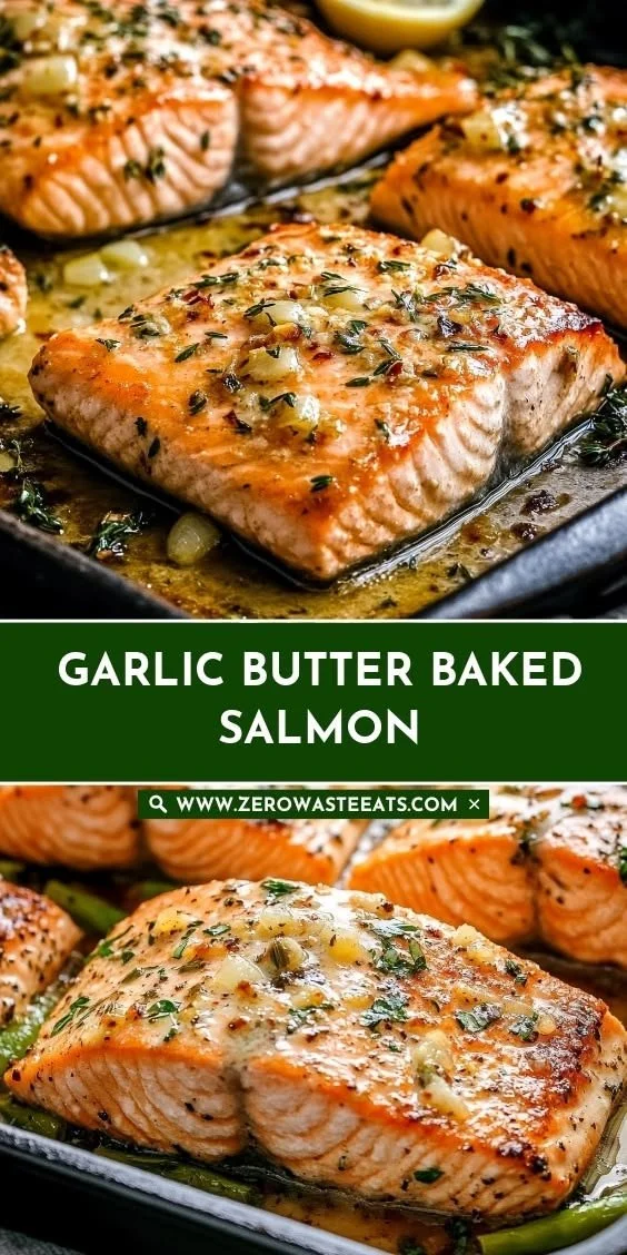 Garlic Butter Baked Salmon served with lemon and herbs on a white plate
