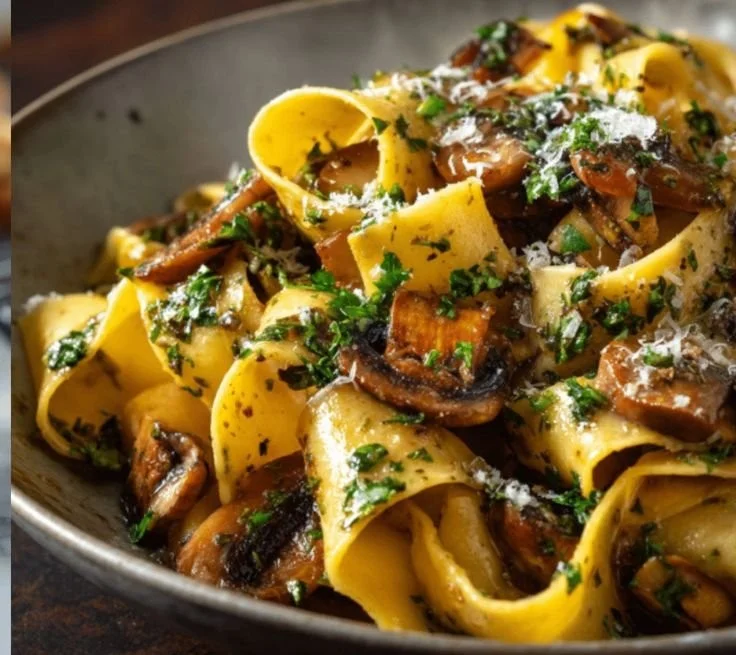 Delicious plate of Garlic Butter Mushroom Pappardelle with fresh herbs.