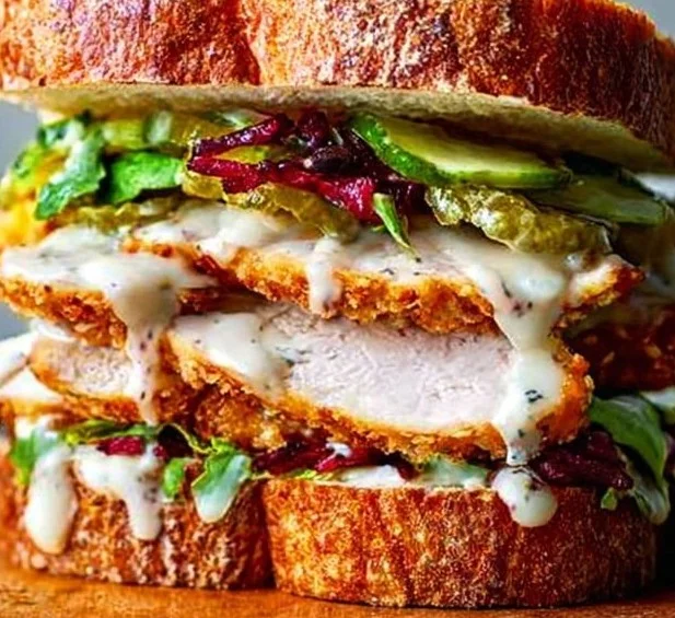 Delicious Garlic Chicken Sandwich on a wooden table