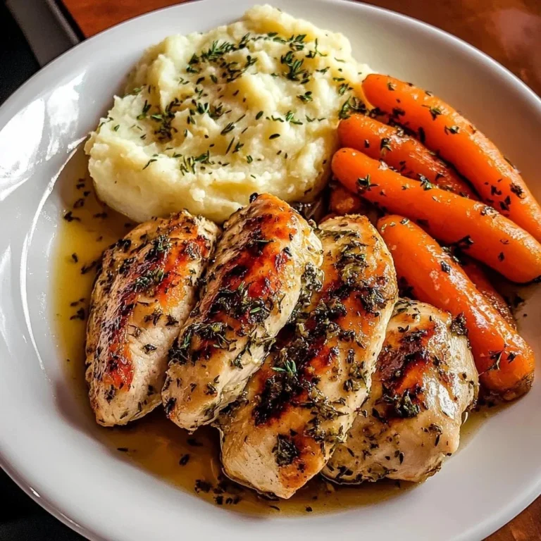 Garlic Herb Chicken with mashed potatoes and glazed carrots on a plate