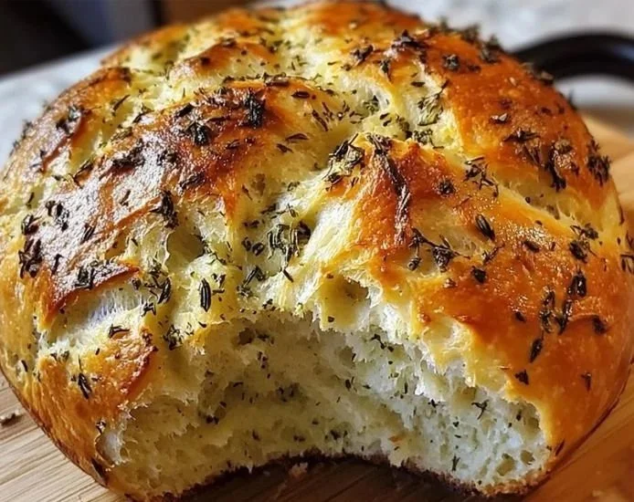 Freshly baked Garlic Herb Dutch Oven Bread loaf cooling on a wire rack.