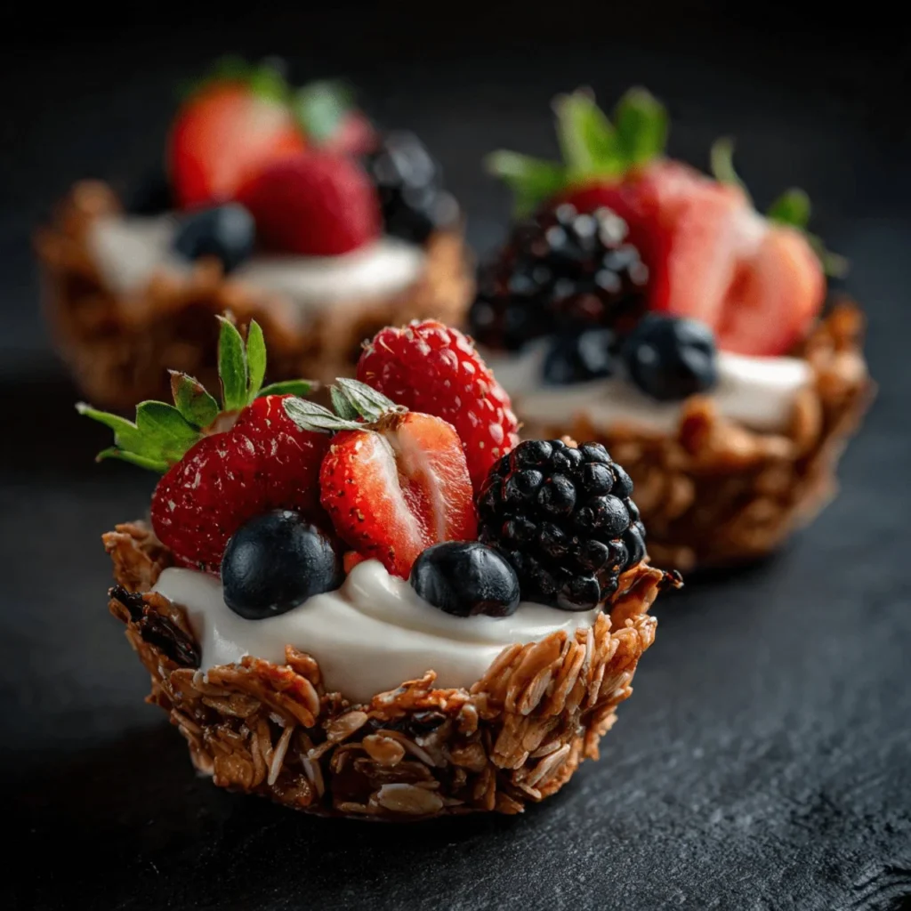 Granola cups filled with yogurt and topped with fresh fruit.