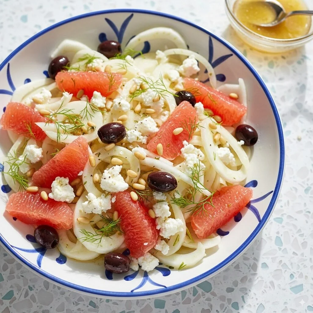 Refreshing grapefruit and goat cheese fennel salad served in a bowl.