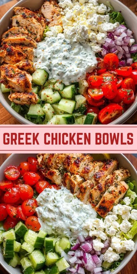 Delicious Greek Chicken Bowl with fresh vegetables and feta cheese